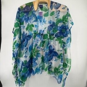 Sunflower Floral Sheer Blue Green Drawstring Coverup Kimono Top PCT-906 NWT OS